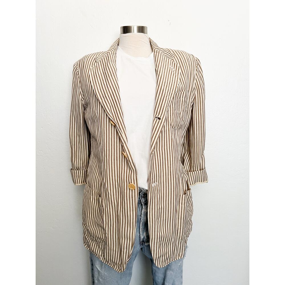 VTG RALPH LAUREN Blazer 10 Stripe Tan Linen Blend Coastal Butter Jacket 90's